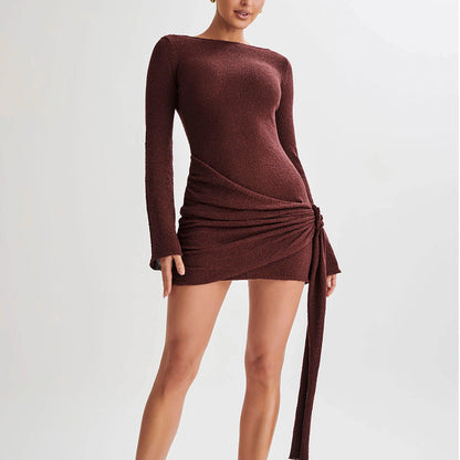 Women's Knit Mini Dress with Long Sleeves and Ruched Sides
