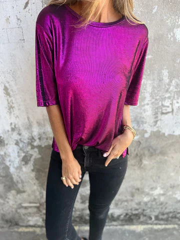 Ladies Loose Fit Satin Blouse Short Sleeve