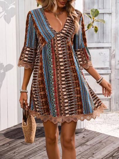 Floral V-Neck A-Line Dress with Lace Sleeves