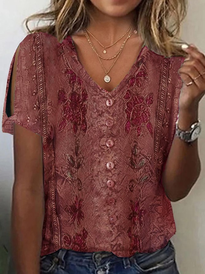 Loose Fit V-Neck Women's Blouse with Embroidery