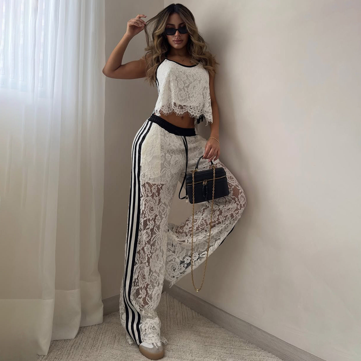 Comfy Women's Lace Crop Top and Pants Set