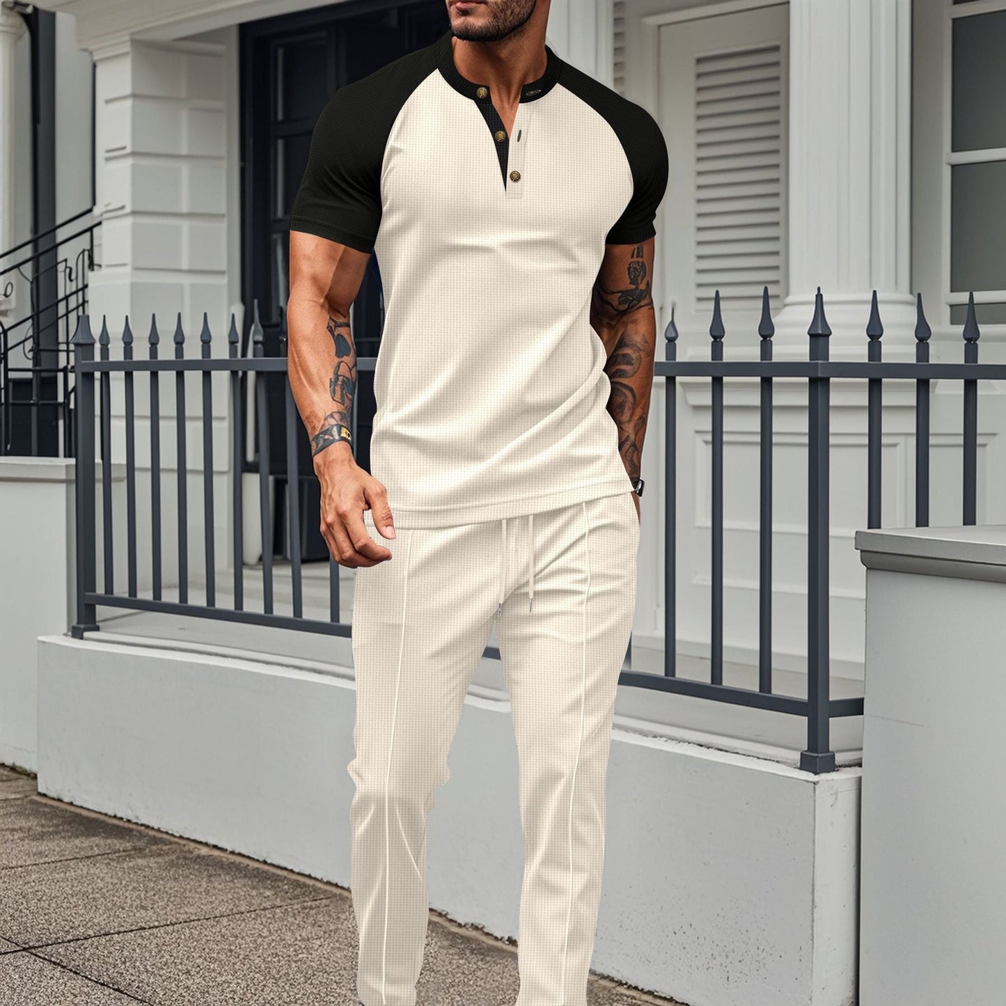 Men's Workout Set - Slim Fit - Moisture Wicking Short Sleeve Top