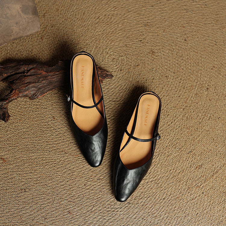 Ladies Slim Pointed-Toe Slip-On Shoes with Buckle Strap