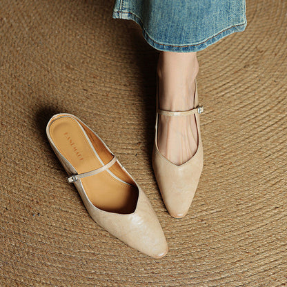 Ladies Slim Pointed-Toe Slip-On Shoes with Buckle Strap
