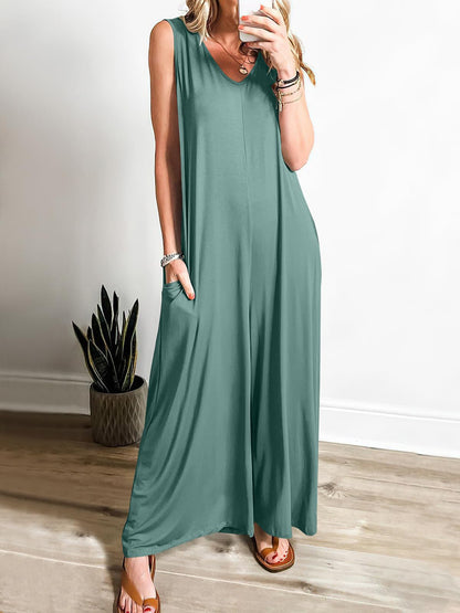 Ladies' Long V-Neck Summer Dress with Pockets