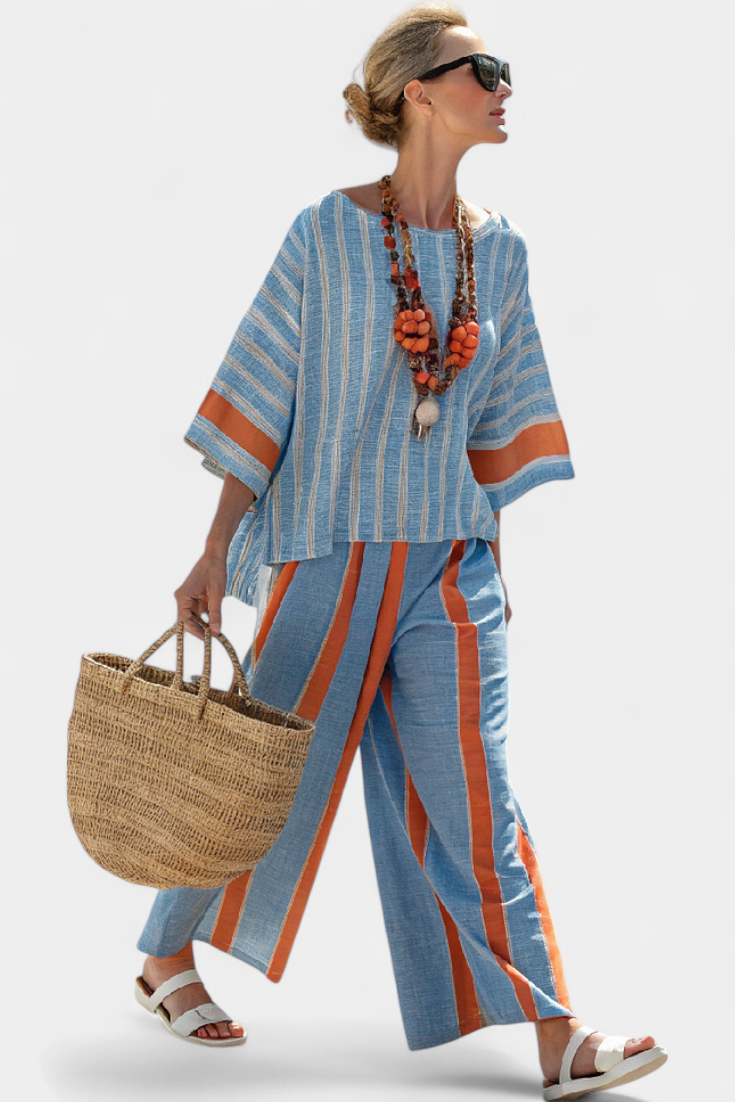 Elegant Earthtone Striped Shirt & Linen Trousers