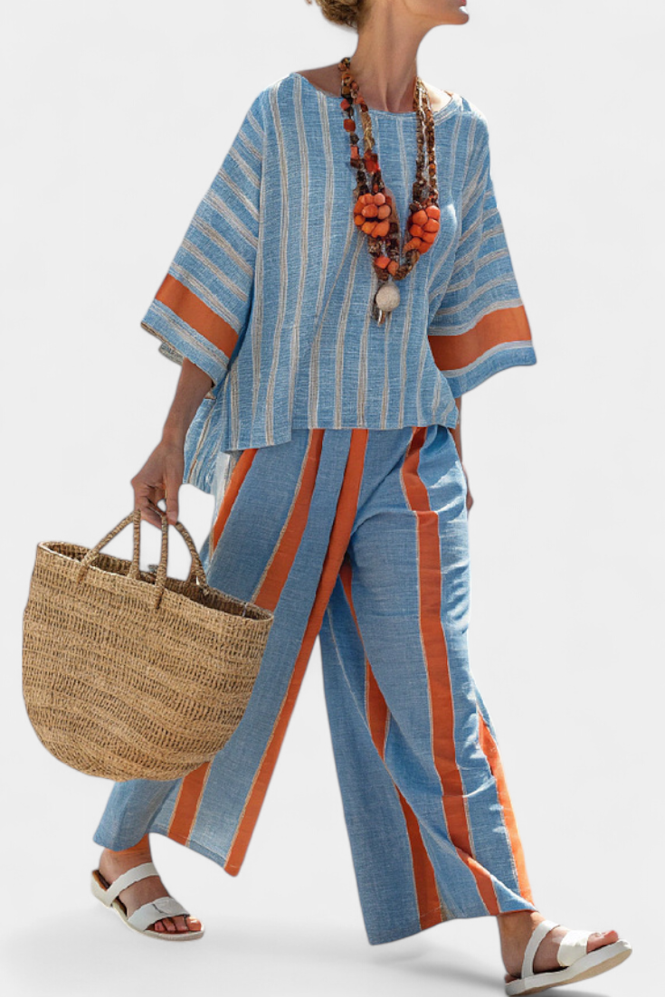 Elegant Earthtone Striped Shirt & Linen Trousers - Olytrend