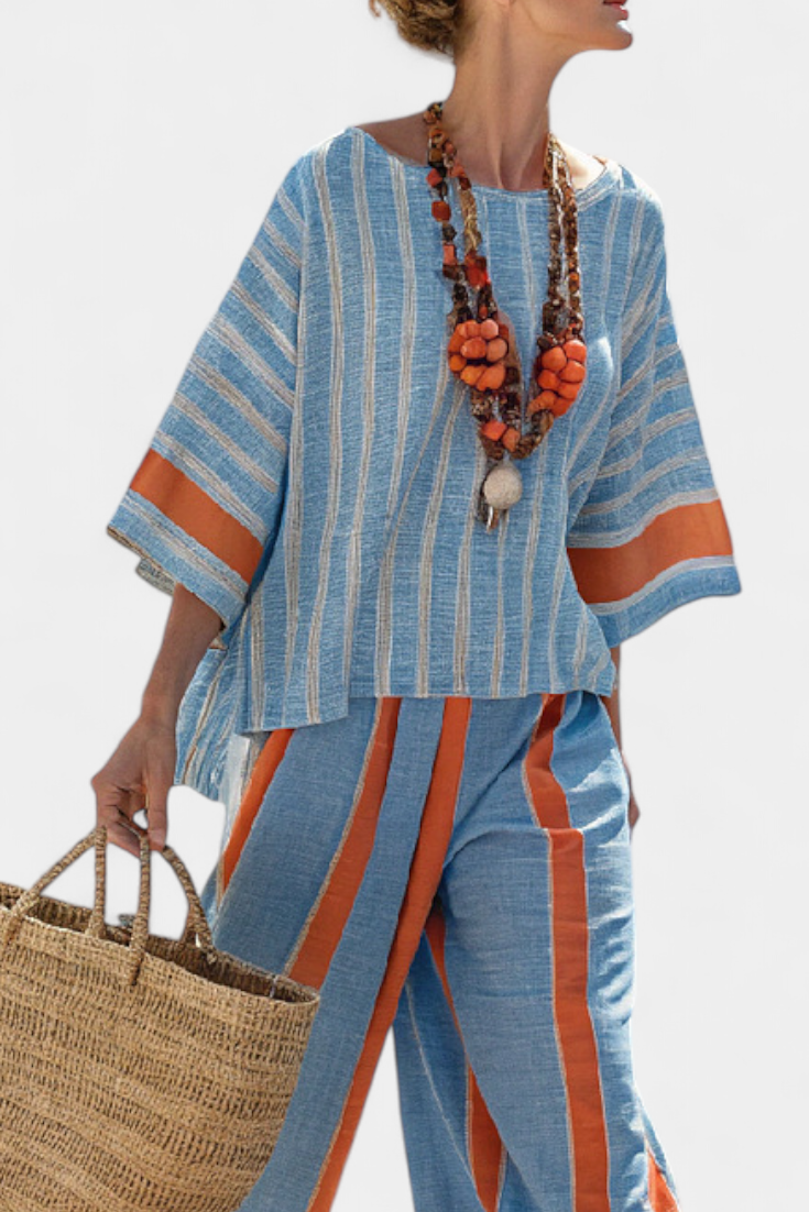 Elegant Earthtone Striped Shirt & Linen Trousers