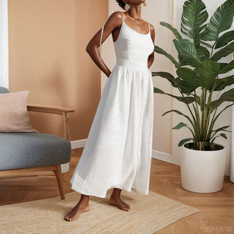 Casual V-Neck Midi Dress with Open Back Detail