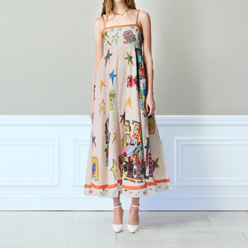 Long Flowy Women's Summer Dress with Thin Straps - Nocini