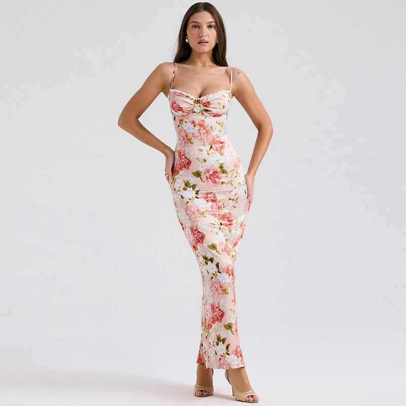 Elegant Ladies Satin Evening Dress with Floral Pattern