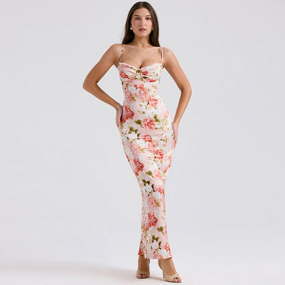 Elegant Ladies Satin Evening Dress with Floral Pattern