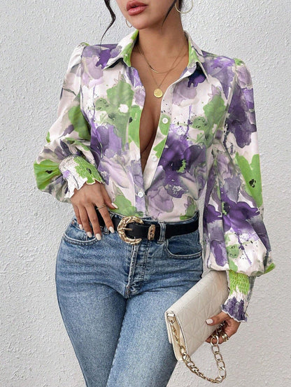 Ladies Floral Print Blouse with Long Sleeves - Nocini