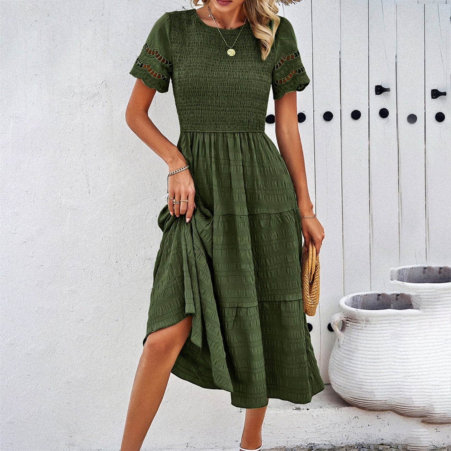 Relaxed Fit Women's Dress with Ruffled Top and Tiered Skirt