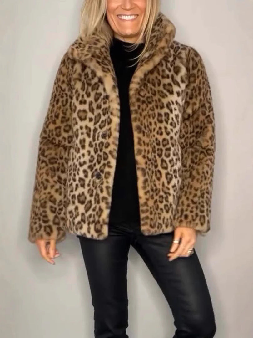 Plush Faux Fur Leopard Coat for Women