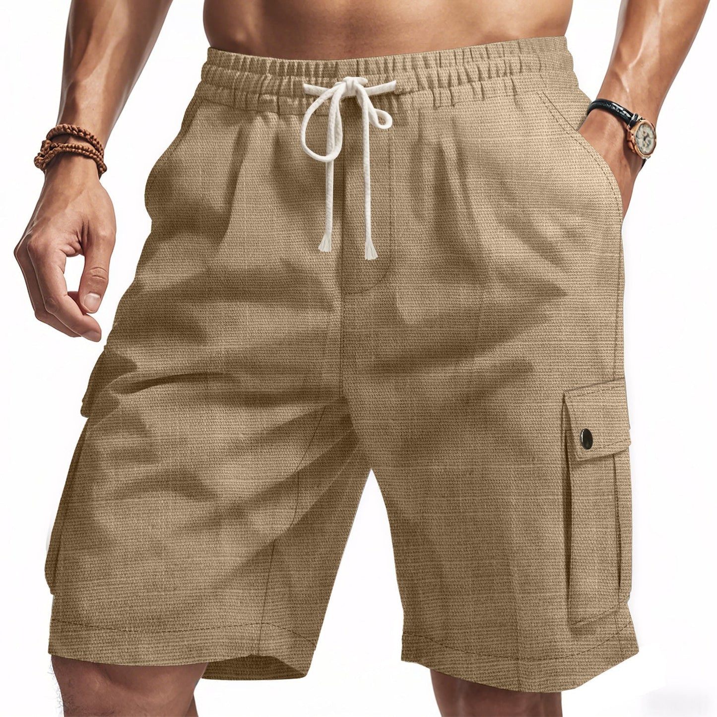 Comfortable Mens Linen Cargo Shorts with Elastic Waist