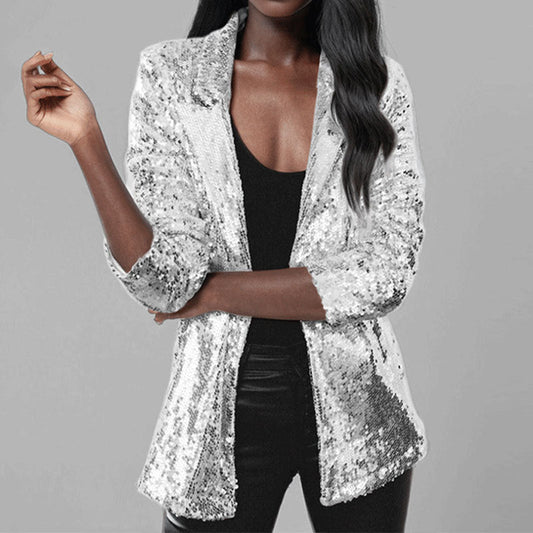 Sequined Open Front Women's Long Sleeve Blazer - Nocini