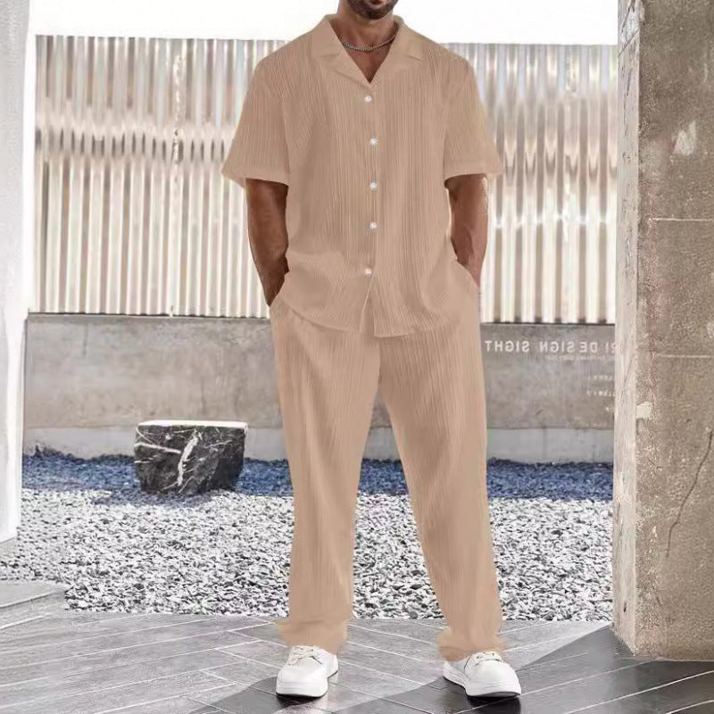 Casual Fit Men's Short Sleeve Shirt and Straight Pants Set