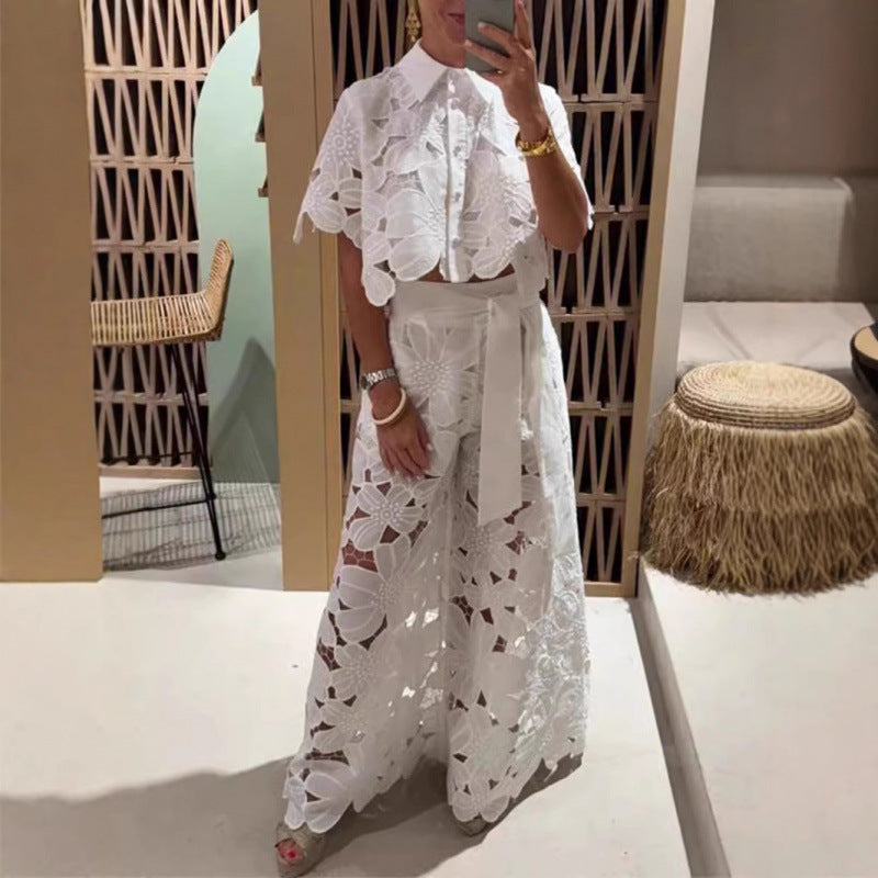 Ladies Feminine Lace Crop Top and Wide Leg Pants Set - Nocini