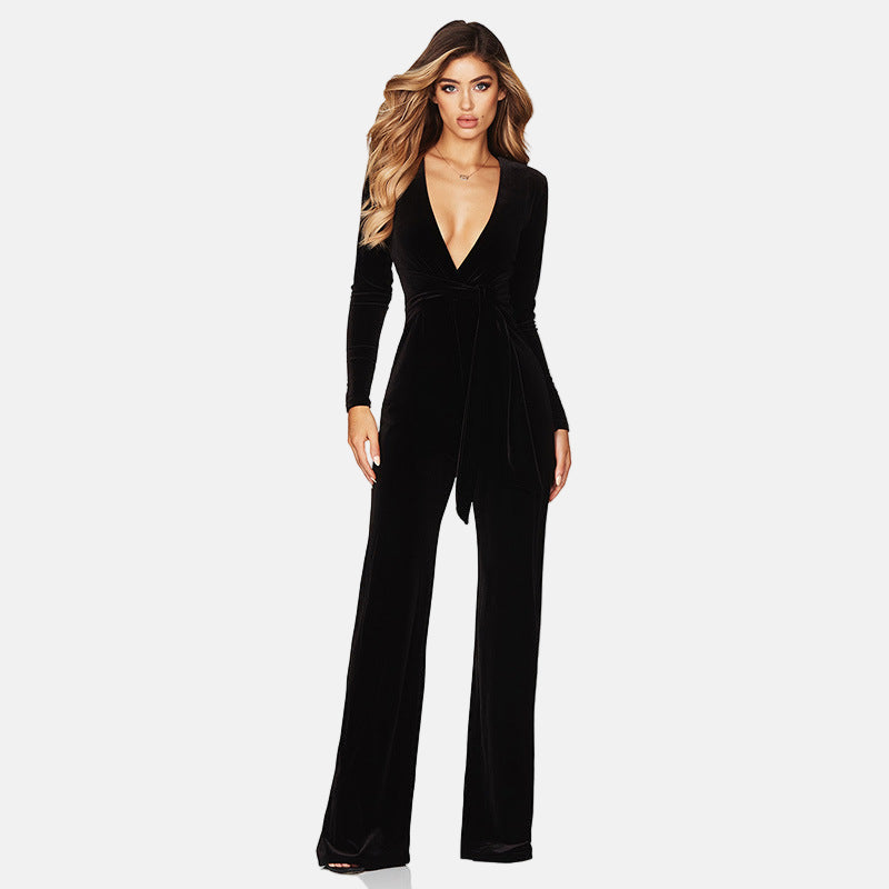 Ladies' Velvet Jumpsuit - V Neck Long Sleeve Wide Leg