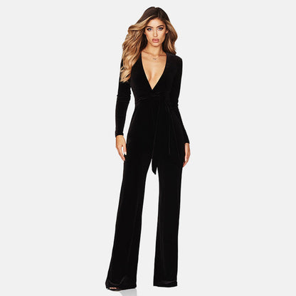 Ladies' Velvet Jumpsuit - V Neck Long Sleeve Wide Leg