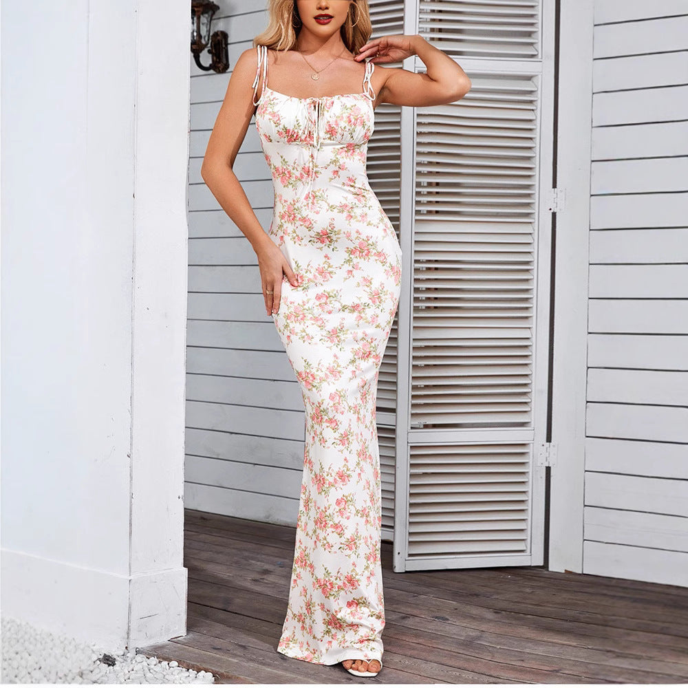Women's Floral Maxi Dress with Thin Straps - Nocini