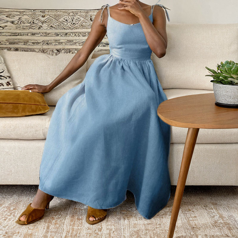 Casual V-Neck Midi Dress with Open Back Detail