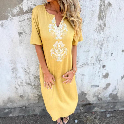 Casual Embroidered Short Sleeve Midi Dress