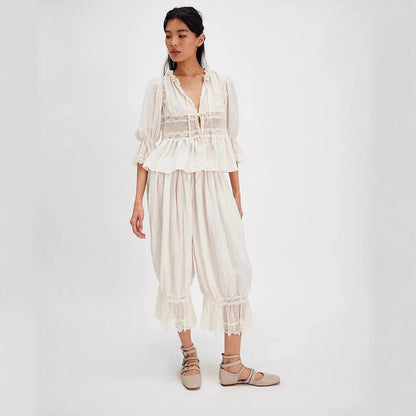Soft Women's Pajama Set with V-Neck and Lace Trim