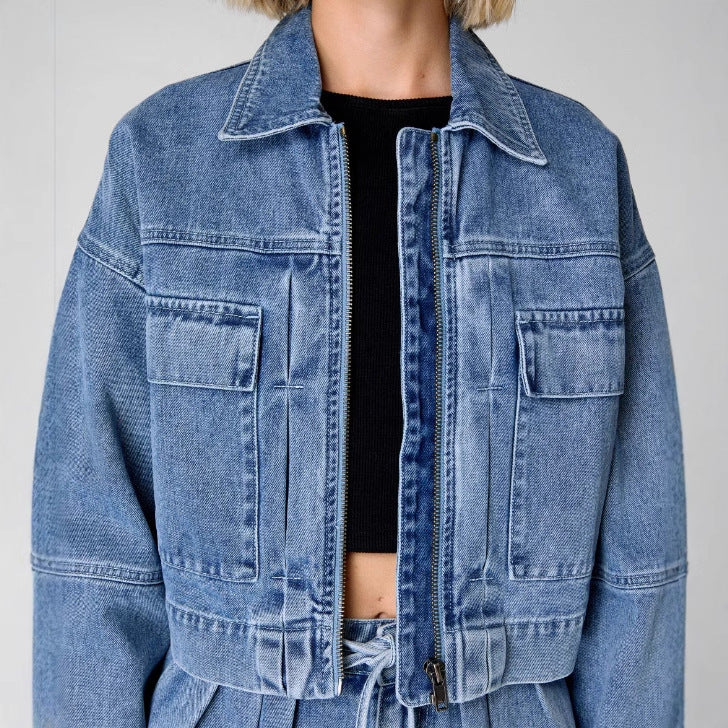 Relaxed Fit Women's Zipper Denim Jacket