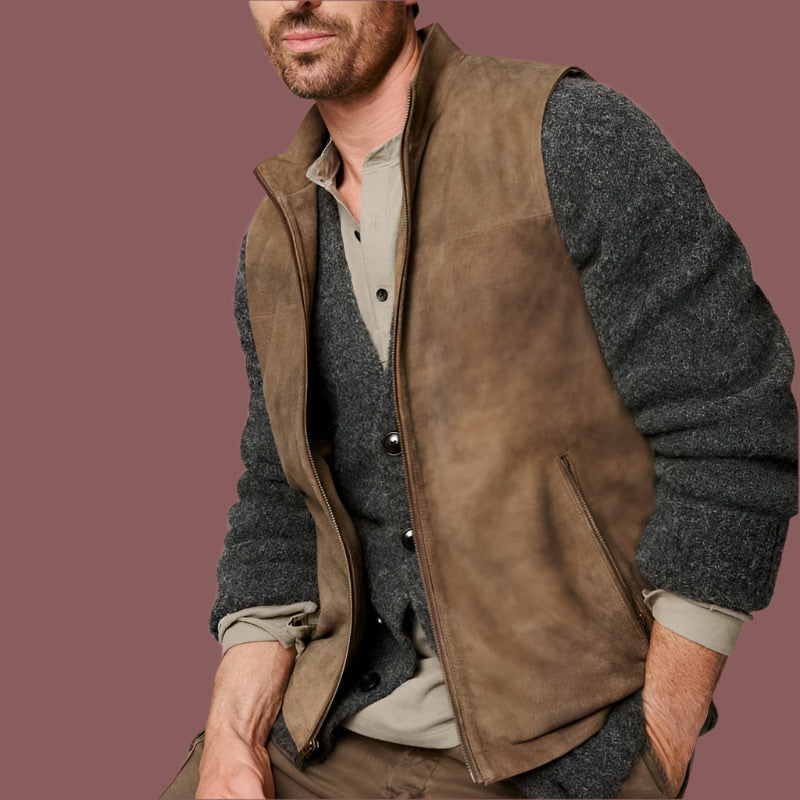 Men's Zip Up Vest with Stand Collar and Rough Texture - Nocini