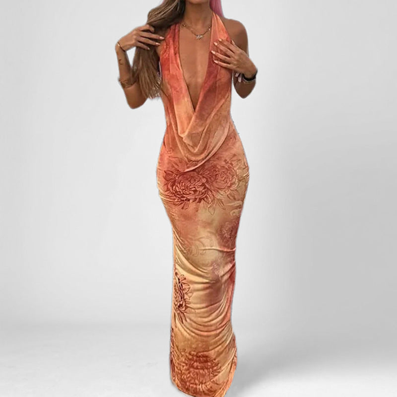 Women's Elegant Satin Floral Maxi Dress - Nocini