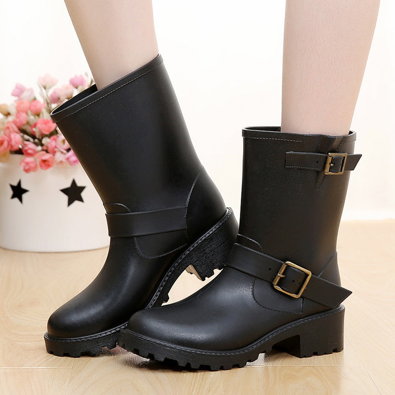 Ladies Mid Calf Boots with Block Heel and Buckle Detail - Nocini