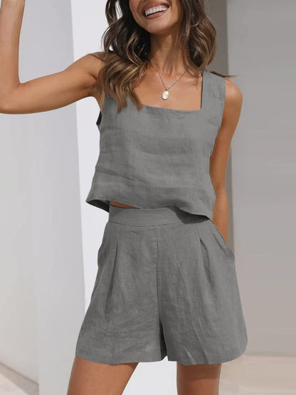 Relaxed Fit Linen Crop Top and Shorts Set