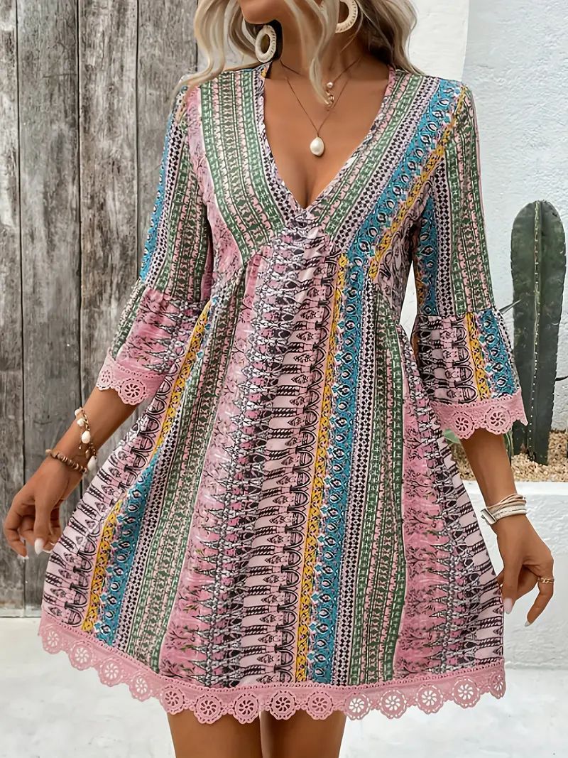 Floral V-Neck A-Line Dress with Lace Sleeves
