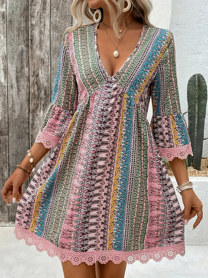 Floral V-Neck A-Line Dress with Lace Sleeves