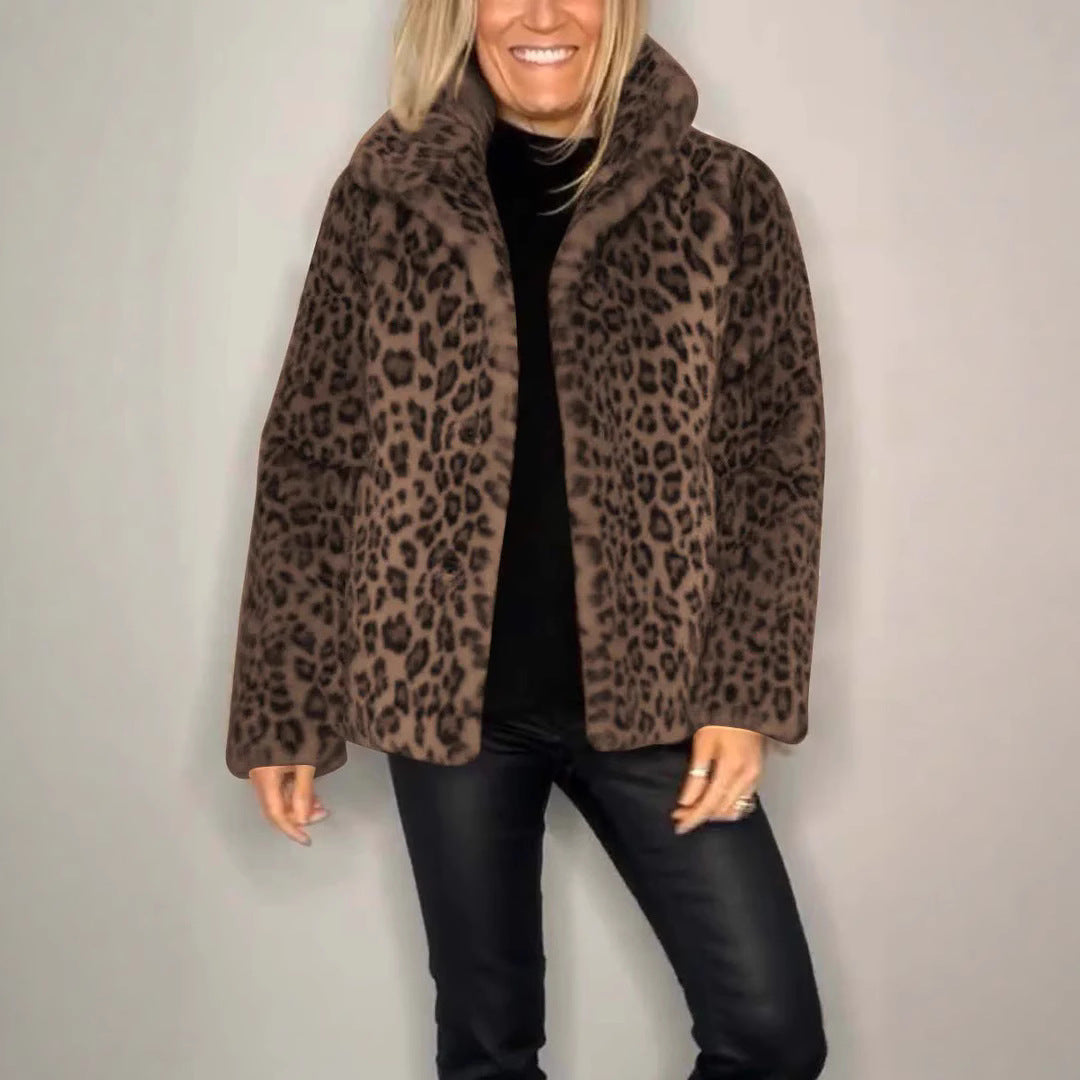 Plush Faux Fur Leopard Coat for Women - Nocini