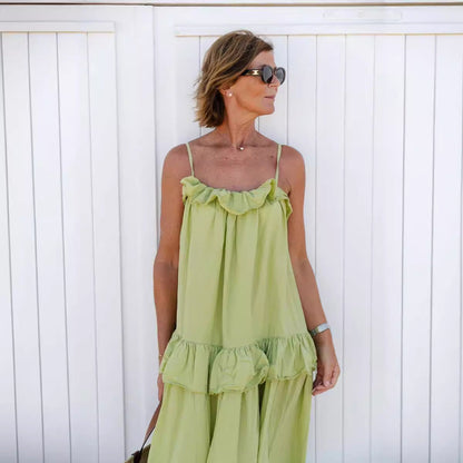 Loose Fit Women's Maxi Dress with Ruffled Neckline