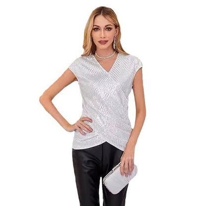 Women's V-Neck Sequin Blouse Slim Fit Top