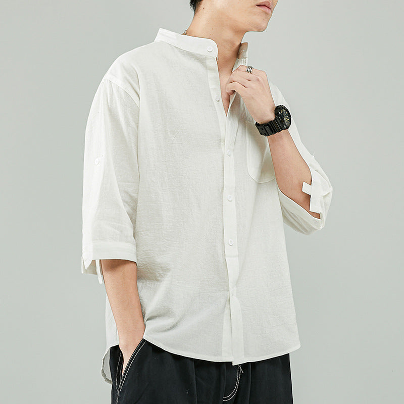 Casual Linen Mens Shirt with Mandarin Collar
