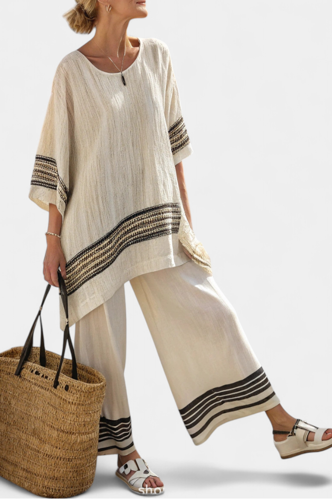 Classic Black Stripe Linen Blouse and Wide Leg Pants - Olytrend