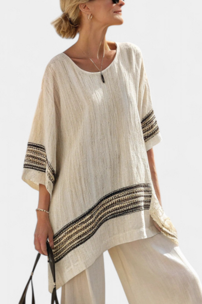 Classic Black Stripe Linen Blouse and Wide Leg Pants
