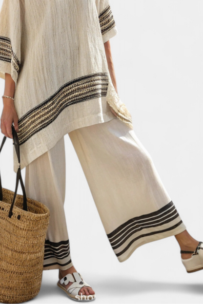 Classic Black Stripe Linen Blouse and Wide Leg Pants