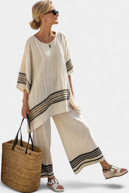 Classic Black Stripe Linen Blouse and Wide Leg Pants