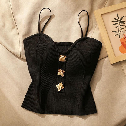 Women's Fitted Tank Crop Top with Thin Straps and Gold Trim