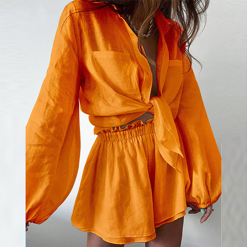 Ladies Casual Bow Top and Ruffle Shorts Set - Nocini