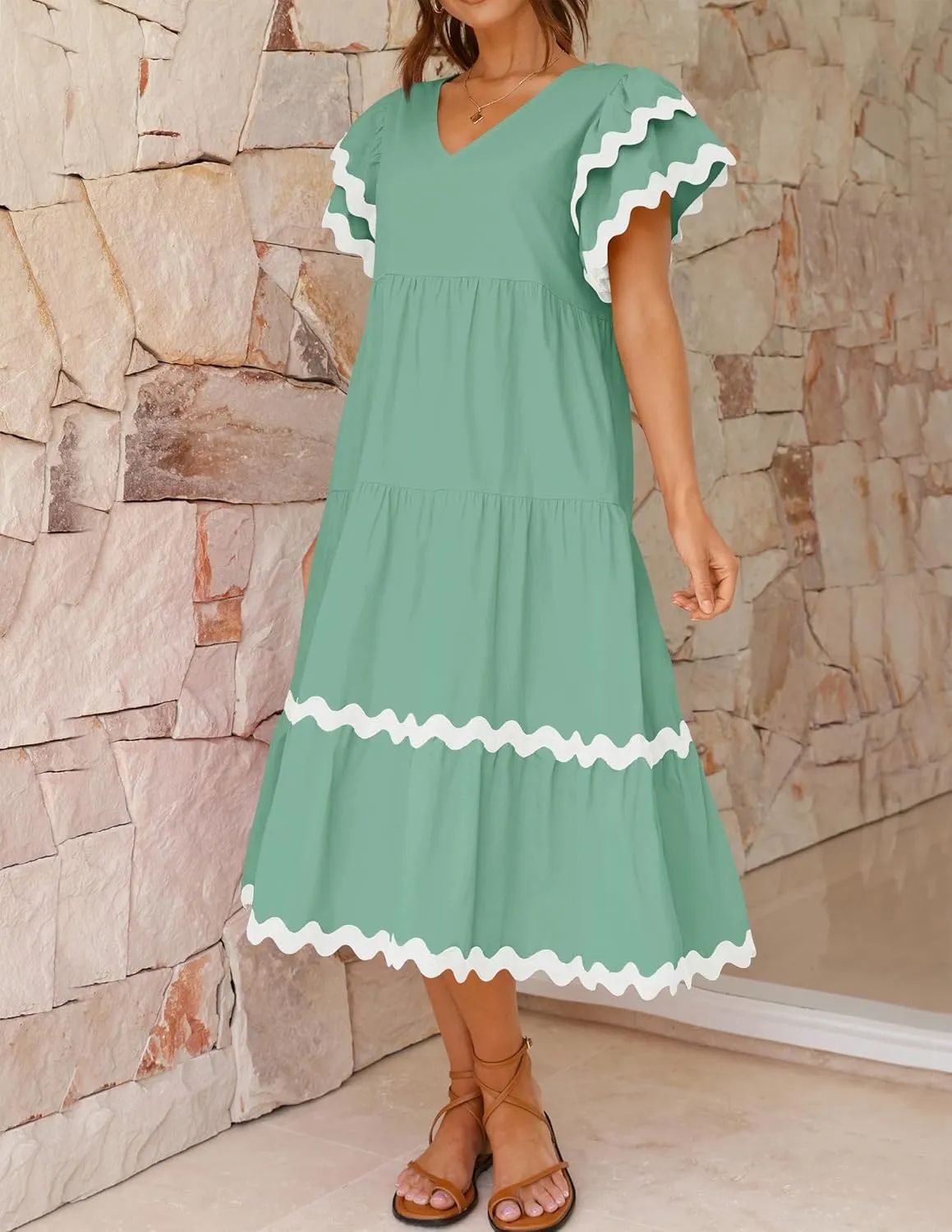 Casual V Neck Ruffle Sleeve Summer Dress