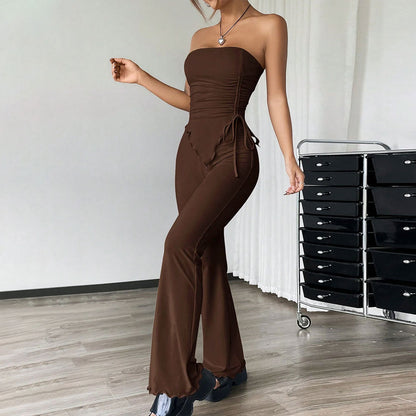 Ladies' 2-Piece Outfit - Strapless Tube Top - High Waist Wide Leg Pants