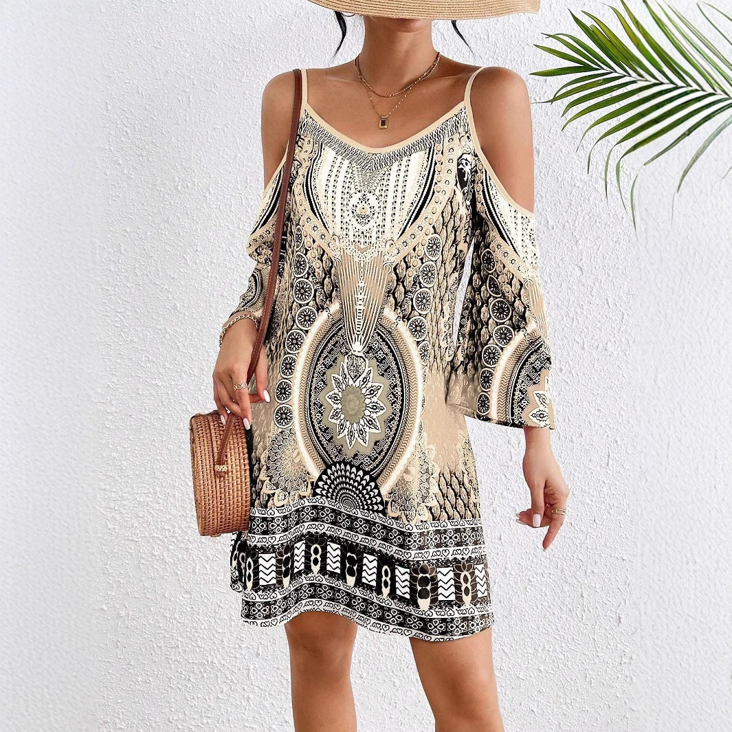Casual Off Shoulder Midi Dress with Thin Straps - Nocini