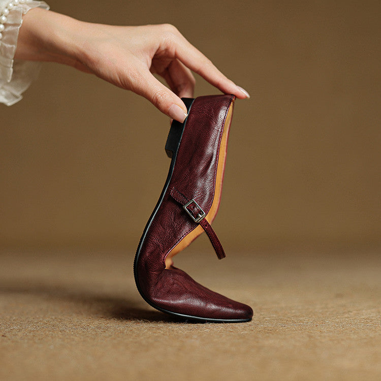 Ladies Slim Pointed-Toe Slip-On Shoes with Buckle Strap